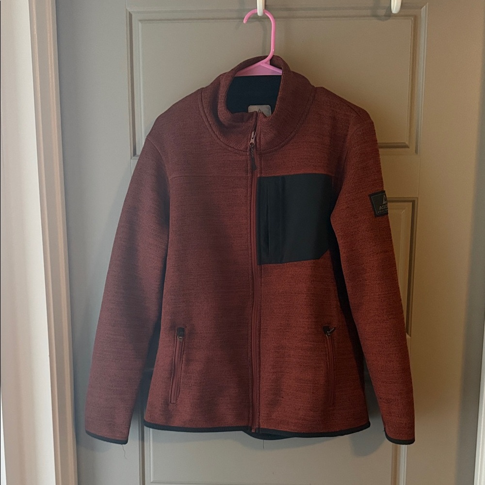 Ascend Rust Red Fleece Jacket with Black Chest Pocket